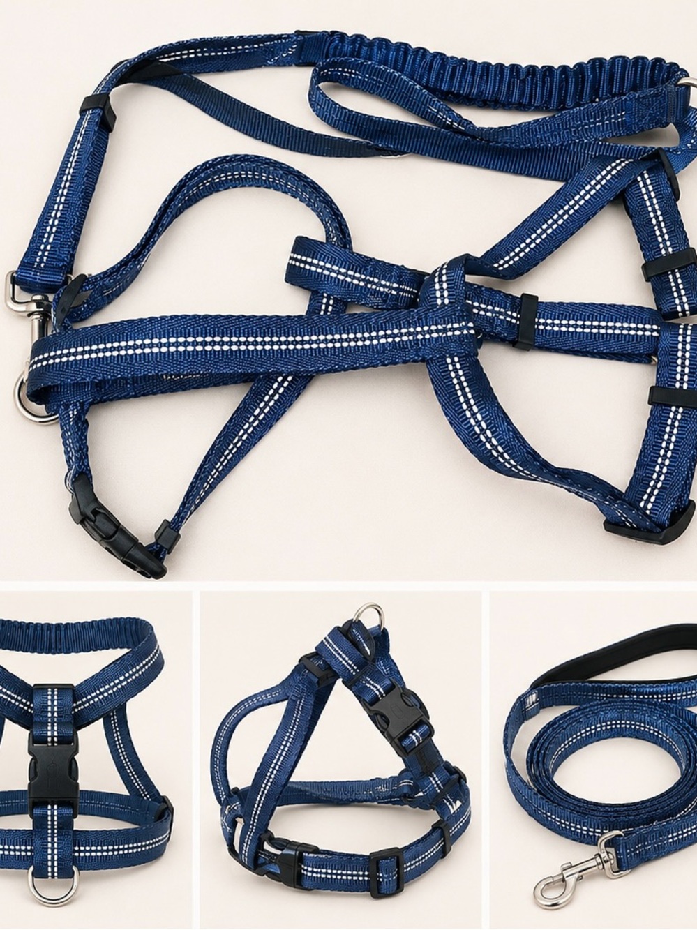 Top Of the Neck Reflective Navy Blue Dog Harness & Leash Set
